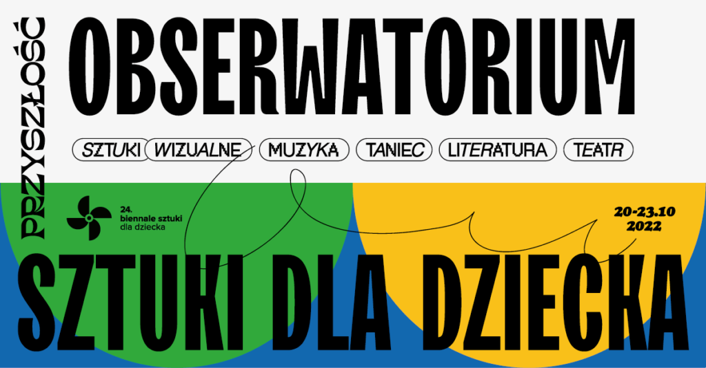 grafika w kolorach biały, niebieski, żółty i zielony z napisem obserwatorium sztuki dla dziecka