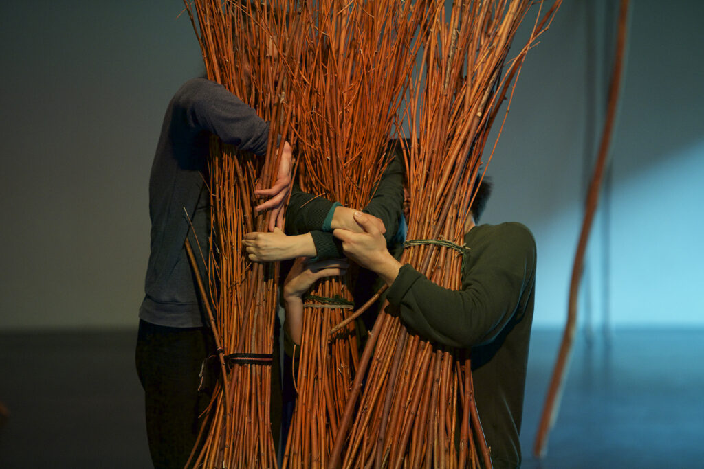 Trzy osoby oplatają swoje dłonie wokół trzech snopków wierzbowych. Snopki są duże, zasłaniają ich ciała i twarze.