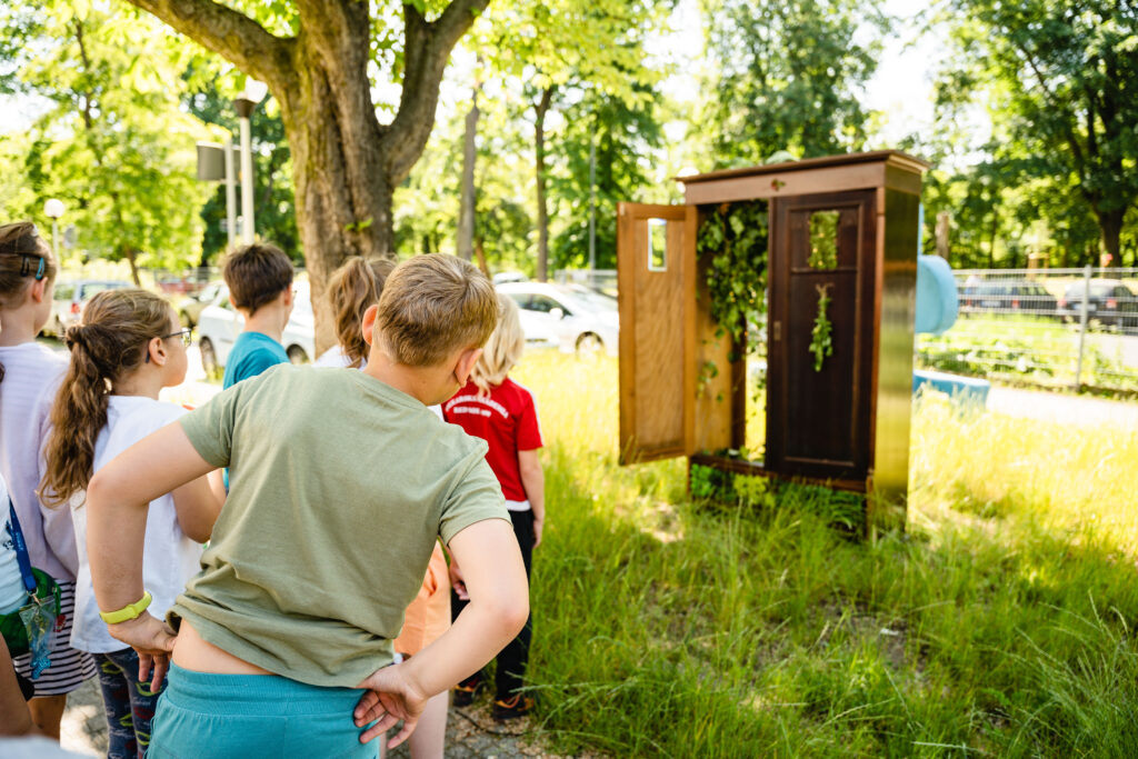 Po lewej grupa dzieci patrzy na otwartą szafę obwieszoną liśćmi.