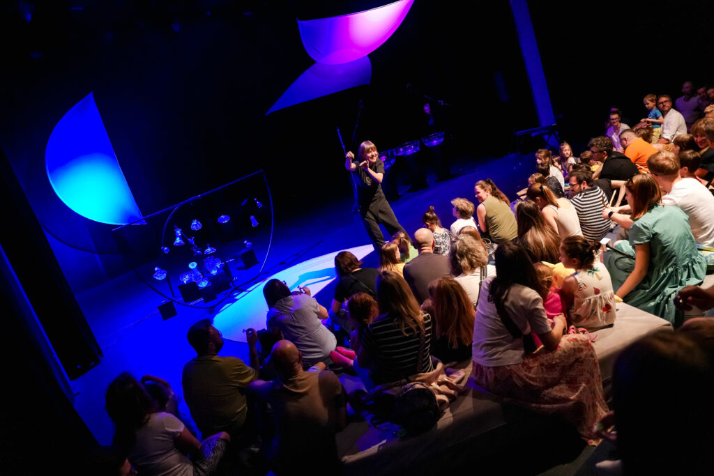 publiczność w ciemnej widowni i artystka na scenie