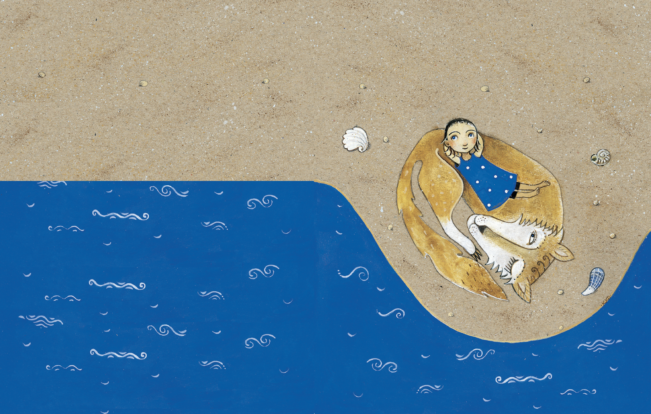 rysunkowa grafika z wilkiem i dziewczynką leżącymi na plaży